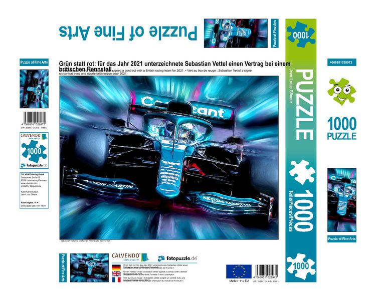 Produktbild: CALVENDO Puzzle Gr&uuml;n statt rot: f&uuml;r das Jahr 2021 unterzeichnete Sebastian Vettel einen Vertrag bei einem britischen Rennstall. | 1000 Teile Lege-Gr&ouml;&szlig;