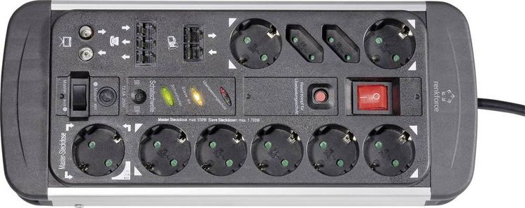 Produktbild: Renkforce 1015A-CMB-SXMS Master/Slave-Steckdosenleiste 10fach Schwarz, Aluminium Schutzkontakt 1 St.