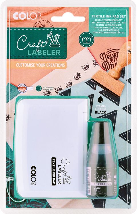 Produktbild: COLOP Craft Labeler Set Textil, 1 Stempelkissen und Fl&auml;schchen mit 25 ml Tinte
