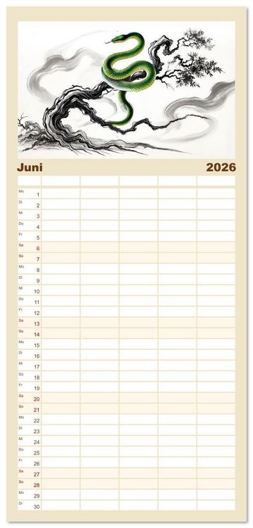 Produktbild: Familienplaner 2026 - Chinesische Tierkreiszeichen - Kunstvolle KI-Tuschemalerei des Ostens mit 5 Spalten (Wandkalender, 21 x 45 cm) CALVENDO