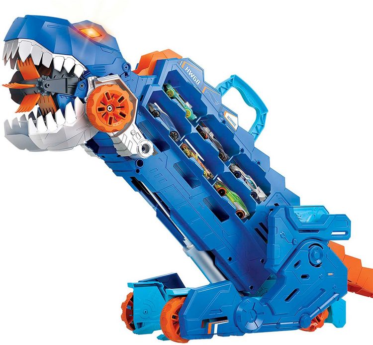 Produktbild: Der Hot Wheels City Ultimative Transporter verwandelt sich in einen T-Rex mit Rennstrecke, Aufbewahrung von mehr als 20 Autos