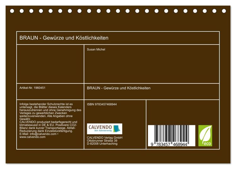 Produktbild: BRAUN - Gew&uuml;rze und K&ouml;stlichkeiten (Tischkalender 2026 DIN A5 quer), CALVENDO Monatskalender