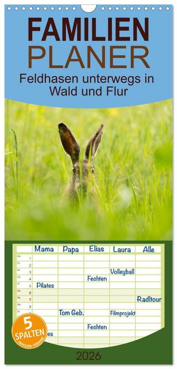 Produktbild: Familienplaner 2026 - Feldhasen unterwegs in Wald und Flur mit 5 Spalten (Wandkalender, 21 x 45 cm) CALVENDO