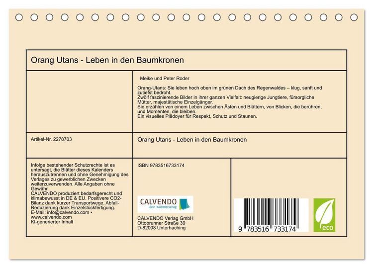 Produktbild: Orang Utans - Leben in den Baumkronen (Tischkalender 2026 DIN A5 quer), CALVENDO Monatskalender