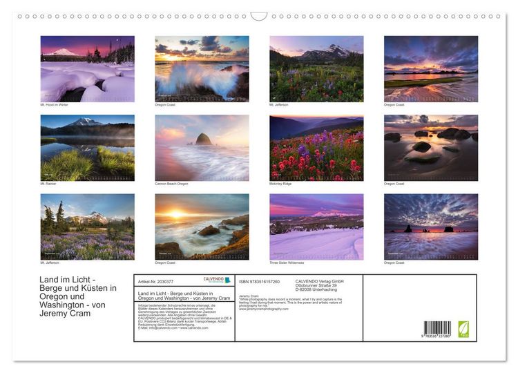 Produktbild: Land im Licht - Berge und K&uuml;sten in Oregon und Washington - von Jeremy Cram (Wandkalender 2026 DIN A2 quer), CALVENDO Monatskalender