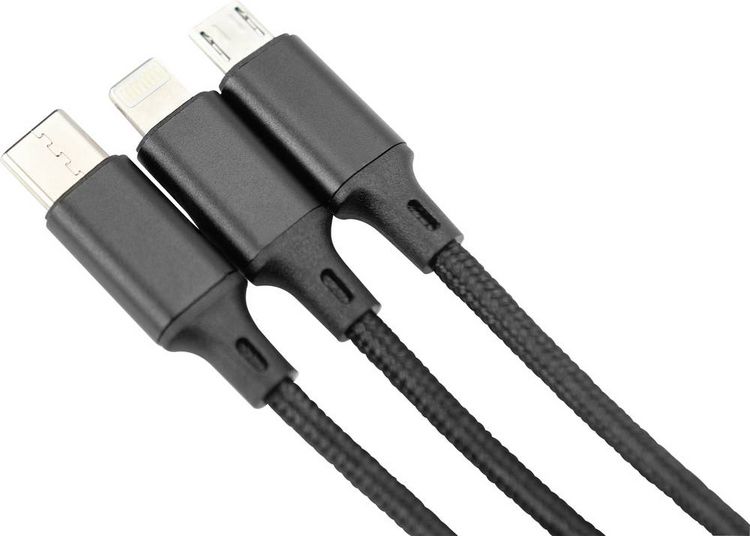 Produktbild: Digitus USB-Ladekabel Apple Lightning Stecker, USB-A Stecker, USB-C&reg; Stecker, USB-Micro-B Stecker 1.00 m Schwarz Extrem robuste Geflechtschirmung,