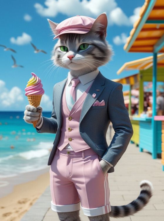 Produktbild: CALVENDO Puzzle Kater mit Eis im Sommeranzug - stilvolles Katzenmotiv am Strand | 2000 Teile Lege-Gr&ouml;&szlig;e 90x67cm Foto-Puzzle f&uuml;r gl&uuml;ckliche Stunden