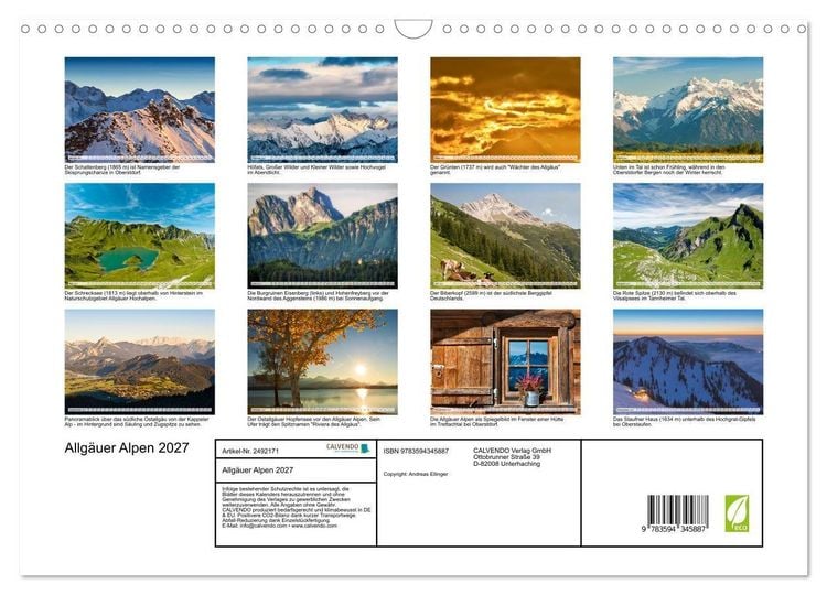 Produktbild: Allg&auml;uer Alpen 2027 (Wandkalender 2027 DIN A3 quer), CALVENDO Monatskalender