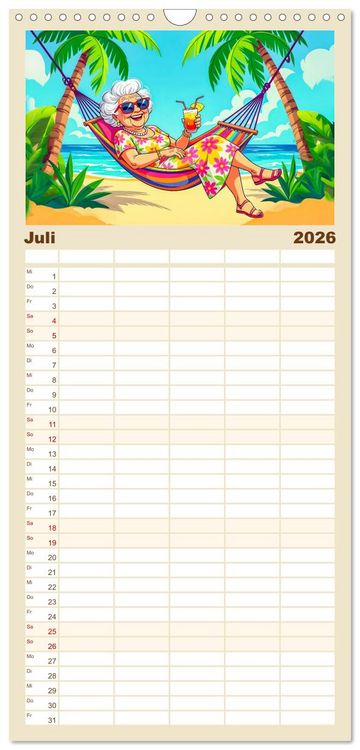 Produktbild: Familienplaner 2026 - Oma rockt den Ruhestand - Lustiger Frauenkalender mit Humor mit 5 Spalten (Wandkalender, 21 x 45 cm) CALVENDO