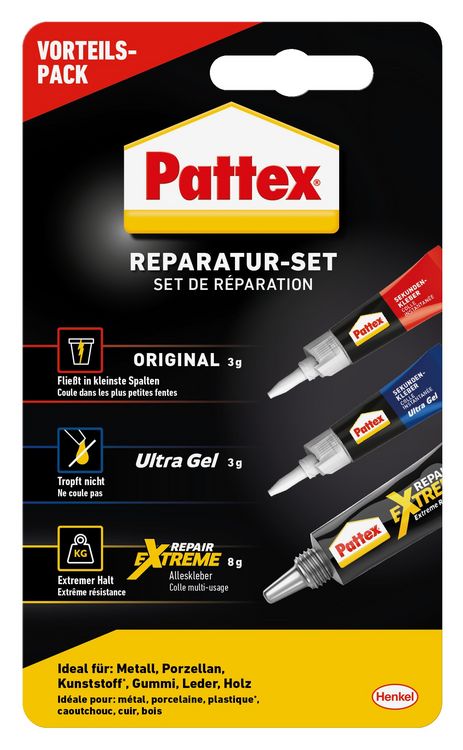 Produktbild: Pattex Reparatur-Set: Sekundenkleber Fl&uuml;ssig, Sekundenkleber Ultra Gel, Repair Extreme