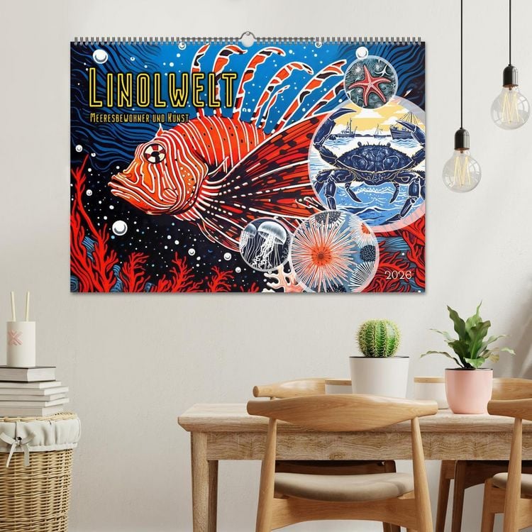 Produktbild: Linolwelt - Meeresbewohner und Kunst (Wandkalender 2026 DIN A2 quer), CALVENDO Monatskalender