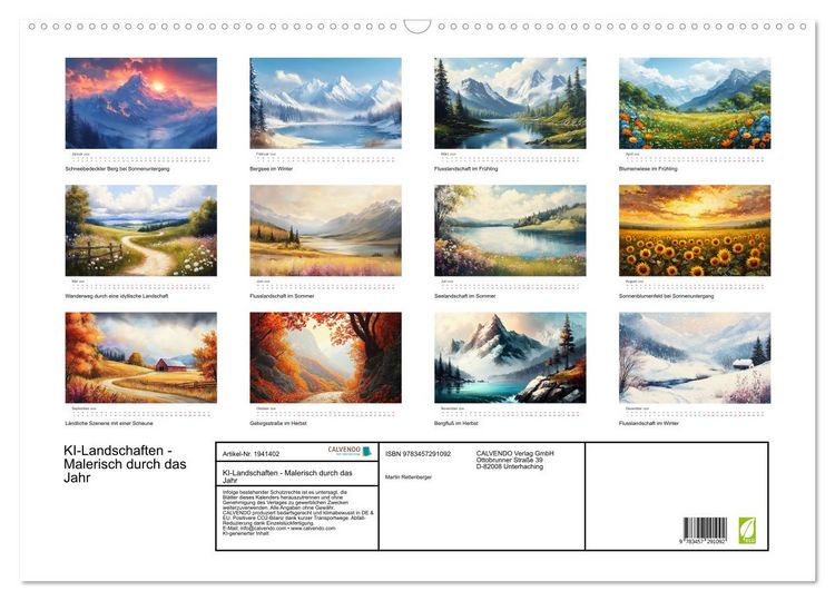 Produktbild: KI-Landschaften - Malerisch durch das Jahr (Wandkalender 2026 DIN A2 quer), CALVENDO Monatskalender