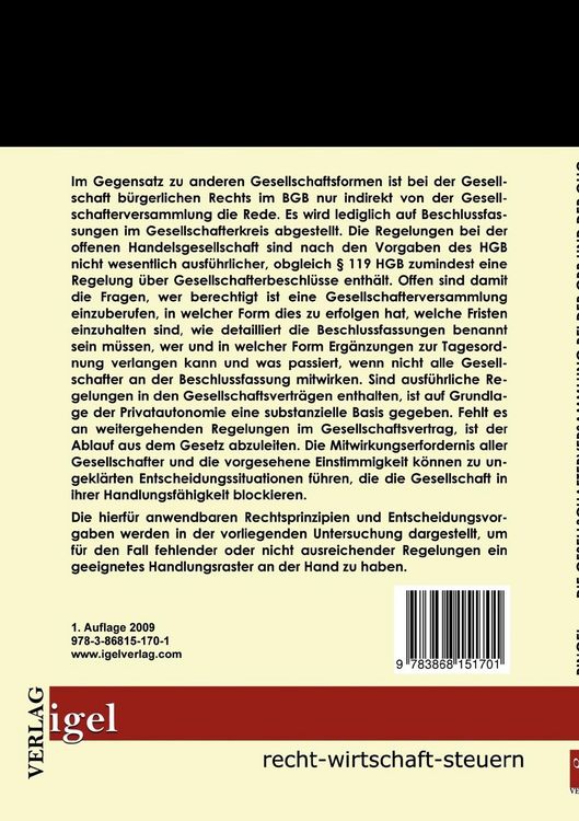 Produktbild: Die Gesellschafterversammlung bei der Gesellschaft b&uuml;rgerlichen Rechts und der offenen Handelsgesellschaft
