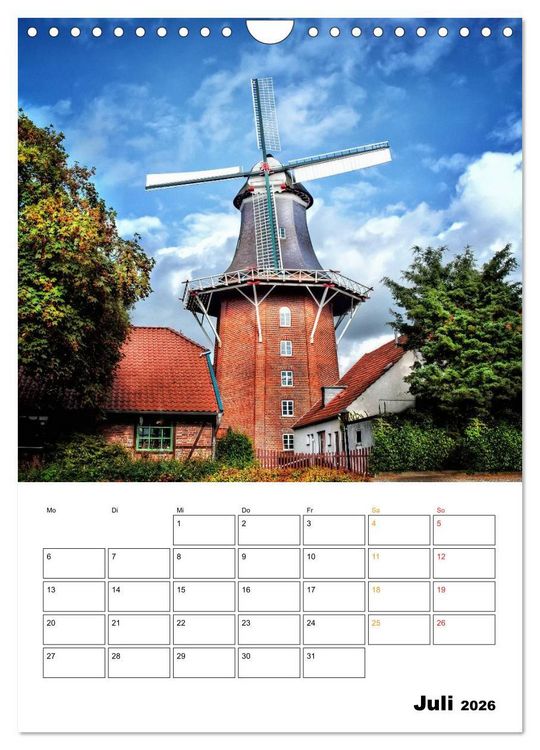 Produktbild: Historische Windm&uuml;hlen an der Friesischen M&uuml;hlenstra&szlig;e / Geburtstagsplaner (Wandkalender 2026 DIN A4 hoch), CALVENDO Monatskalender