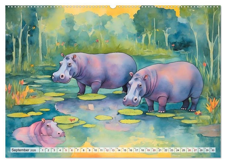 Produktbild: Hippos bekennen Farbe - kunterbunter Nilpferdspa&szlig; (hochwertiger Premium Wandkalender 2026 DIN A2 quer), Kunstdruck in Hochglanz