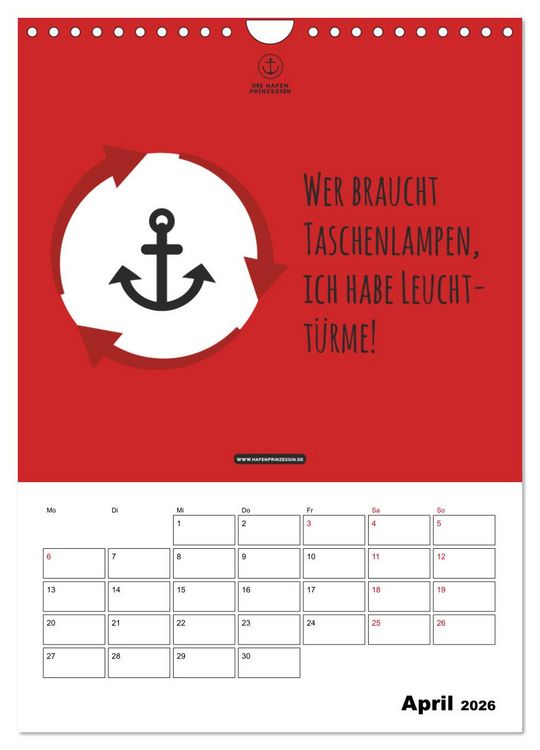 Produktbild: hafenprinzessin: Ankertr&auml;ume & Meer - Der moderne Zitate-Wandkalender f&uuml;r maritime Lebensmomente! (Wandkalender 2026 DIN A4 hoch), CALVENDO Monatskalender