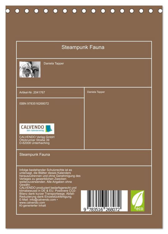 Produktbild: Steampunk Fauna (Tischkalender 2026 DIN A5 hoch), CALVENDO Monatskalender