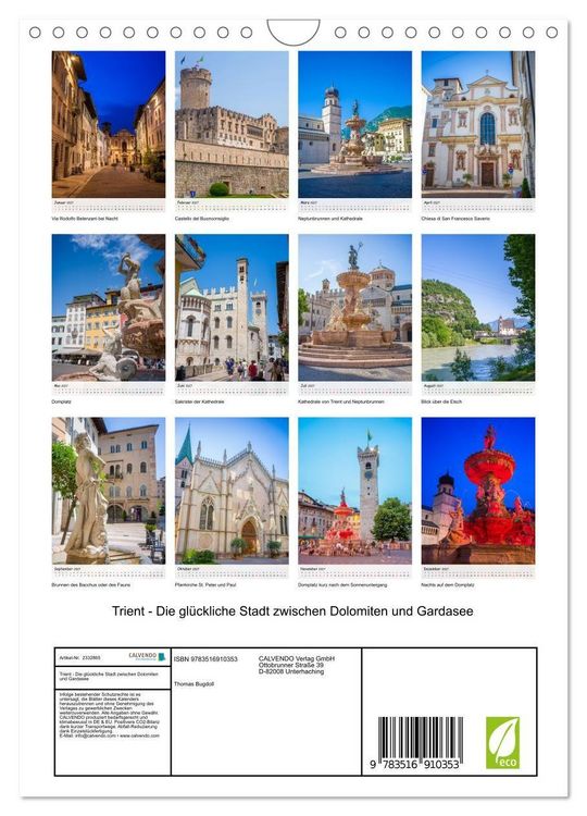 Produktbild: Trient - Die gl&uuml;ckliche Stadt zwischen Dolomiten und Gardasee (Wandkalender 2027 DIN A4 hoch), CALVENDO Monatskalender