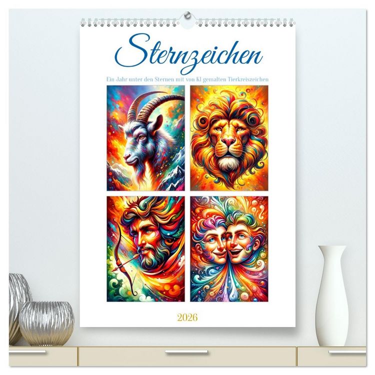 Produktbild: Sternzeichen - Ein Jahr unter den Sternen mit von KI gemalten Tierkreiszeichen (hochwertiger Premium Wandkalender 2026 DIN A2 hoch), Kunstdruck in Hochglanz