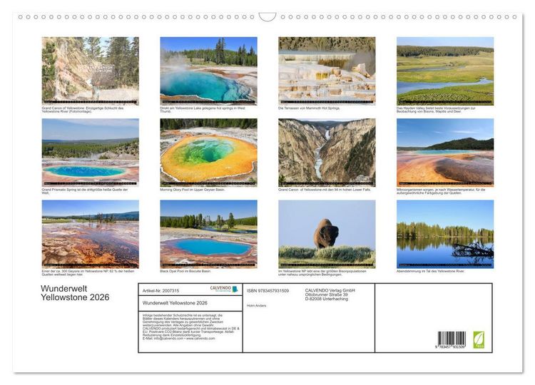 Produktbild: Wunderwelt Yellowstone 2026 (Wandkalender 2026 DIN A2 quer), CALVENDO Monatskalender