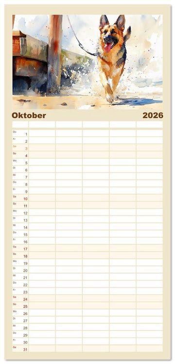 Produktbild: Familienplaner 2026 - Deutsche Sch&auml;ferhunde. Majest&auml;tische W&auml;chter im Aquarell-Stil mit 5 Spalten (Wandkalender, 21 x 45 cm) CALVENDO