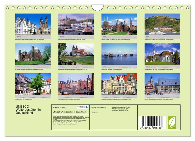 Produktbild: UNESCO Welterbest&auml;tten in Deutschland (Wandkalender 2026 DIN A4 quer), CALVENDO Monatskalender