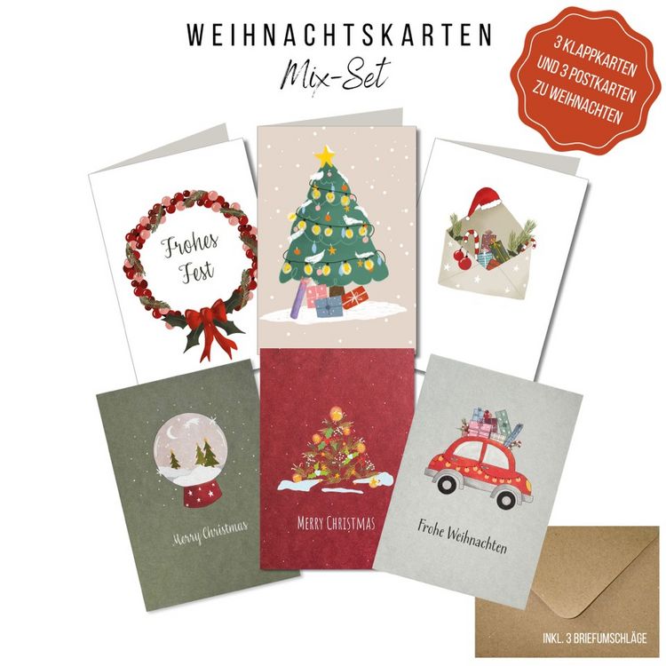 Produktbild: KEITCARDS Weihnachtskarten mixed Set, 3 x Postkarten und 3 x Klappkarten