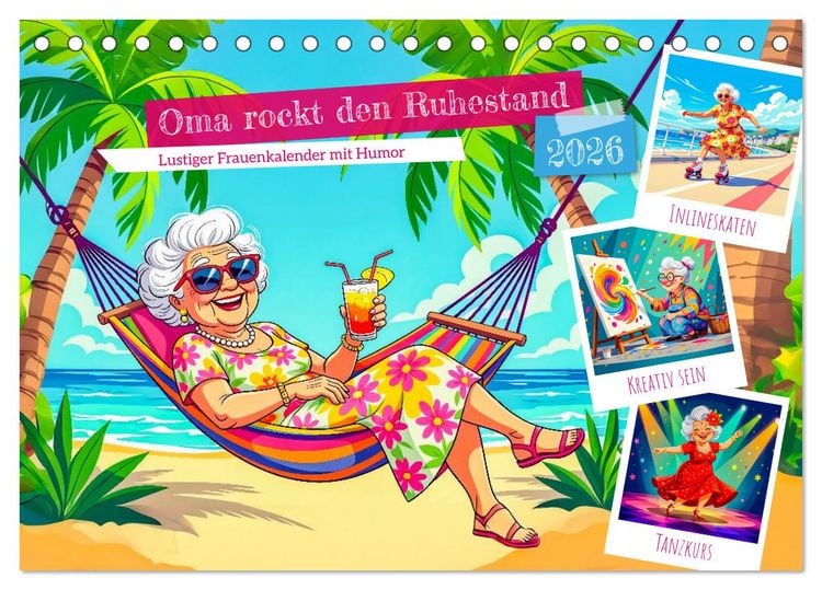 Produktbild: Oma rockt den Ruhestand - Lustiger Frauenkalender mit Humor (Tischkalender 2026 DIN A5 quer), CALVENDO Monatskalender