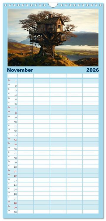 Produktbild: Familienplaner 2026 - Baumh&auml;user - Traumhafte Luftschl&ouml;sser mit 5 Spalten (Wandkalender, 21 x 45 cm) CALVENDO