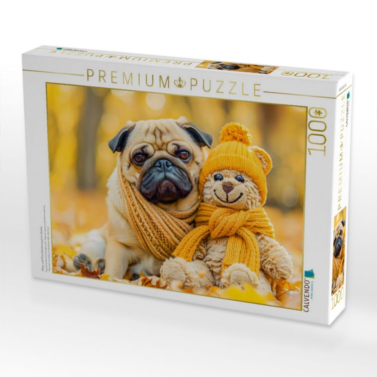 Produktbild: CALVENDO Puzzle Mops und Pl&uuml;schtierkumpel im Herbst. | 1000 Teile Lege-Gr&ouml;&szlig;e 64x48cm Foto-Puzzle f&uuml;r gl&uuml;ckliche Stunden