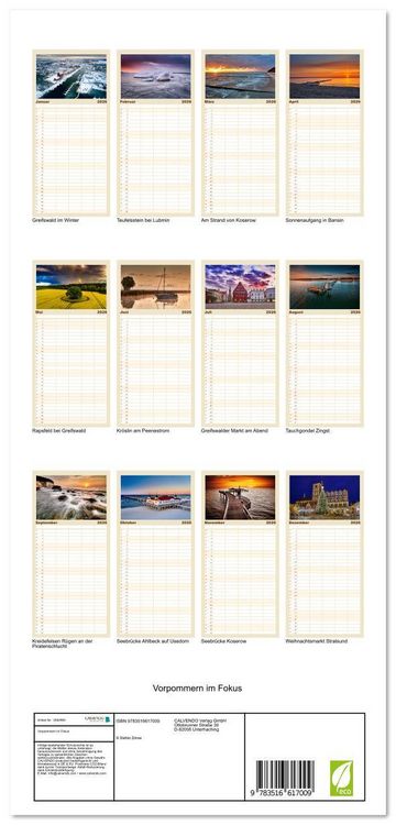 Produktbild: Familienplaner 2026 - Vorpommern im Fokus mit 5 Spalten (Wandkalender, 21 x 45 cm) CALVENDO