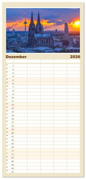 Produktbild: Familienplaner 2026 - Von K&ouml;lner D&auml;chern mit 5 Spalten (Wandkalender, 21 x 45 cm) CALVENDO