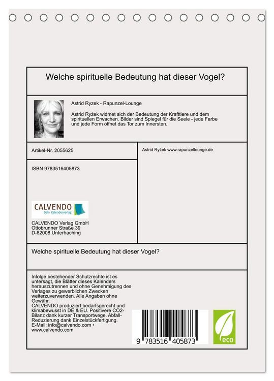 Produktbild: Welche spirituelle Bedeutung hat dieser Vogel? (Tischkalender 2026 DIN A5 hoch), CALVENDO Monatskalender
