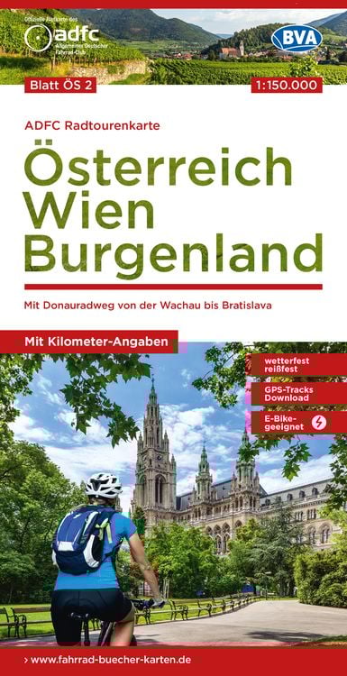 Produktbild: ADFC-Radtourenkarte ÖS2 Österreich Wien Burgenland 1:150:000, reiß- und wetterfest, E-Bike geeignet, GPS-Tracks Download, mit Bett+Bike Symbolen, mit
