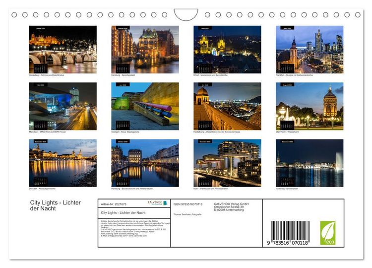 Produktbild: City Lights - Lichter der Nacht (Wandkalender 2026 DIN A4 quer), CALVENDO Monatskalender