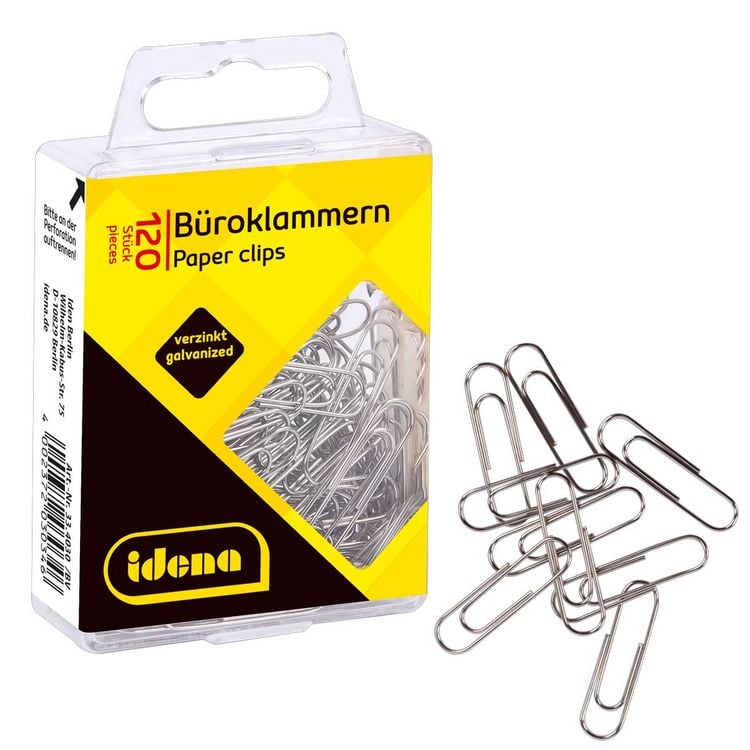 Produktbild: Idena B&uuml;roklammern aus Metall verzinkt silber 120 St&uuml;ck H&auml;ngebox