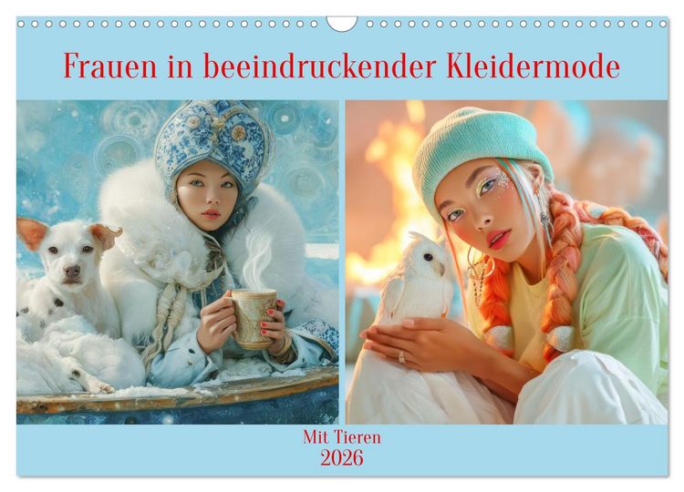 Produktbild: Frauen in beeindruckender Kleidermode - Mit Tieren (Wandkalender 2026 DIN A3 quer), CALVENDO Monatskalender