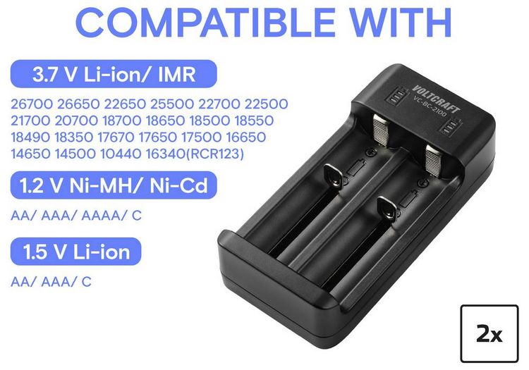 Produktbild: VOLTCRAFT VC-BC-2100 Rundzellen-Ladeger&auml;t NiMH, LiIon Mignon (AA), Micro (AAA), Mini (AAAA), Baby (C), 26700, 26650, 22650, 25500