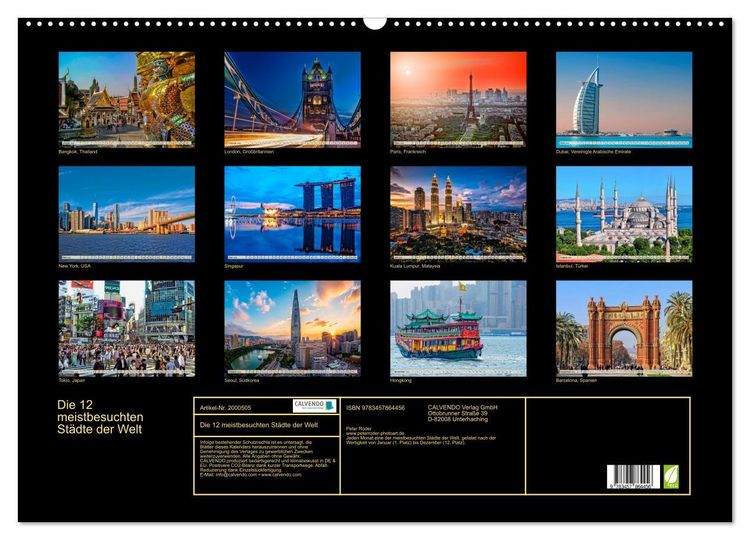 Produktbild: Die 12 meistbesuchten St&auml;dte der Welt (Wandkalender 2026 DIN A2 quer), CALVENDO Monatskalender