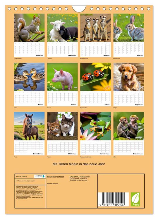 Produktbild: Mit Tieren hinein in das neue Jahr (Wandkalender 2026 DIN A4 hoch), CALVENDO Monatskalender