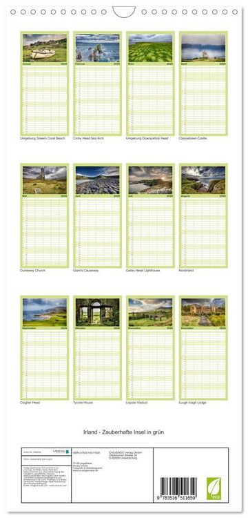 Produktbild: Familienplaner 2026 - Irland - Zauberhafte Insel in gr&uuml;n mit 5 Spalten (Wandkalender, 21 x 45 cm) CALVENDO