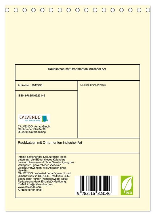 Produktbild: Raubkatzen mit Ornamenten indischer Art (Tischkalender 2026 DIN A5 hoch), CALVENDO Monatskalender