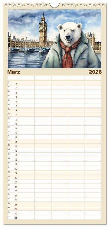 Produktbild: Familienplaner 2026 - Eisb&auml;r Eik auf Europareise mit 5 Spalten (Wandkalender, 21 x 45 cm) CALVENDO