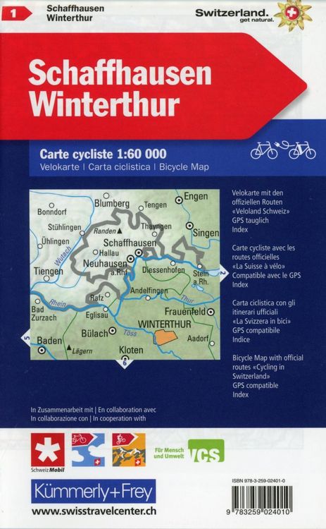 Produktbild: K&uuml;mmerly+Frey Velokarte 1 Schaffhausen, Winterthur 1:60.000