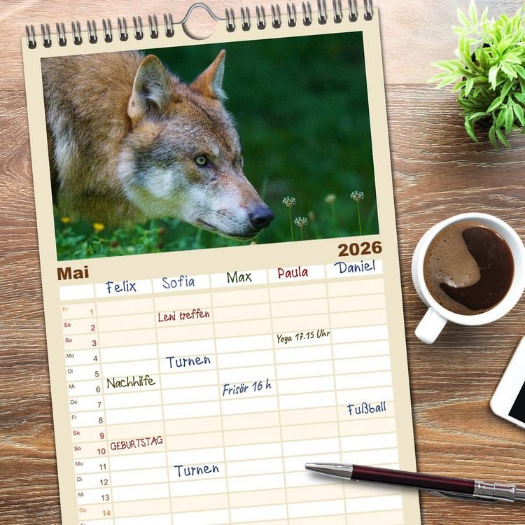 Produktbild: Familienplaner 2026 - Begegnung mit dem Wolf mit 5 Spalten (Wandkalender, 21 x 45 cm) CALVENDO