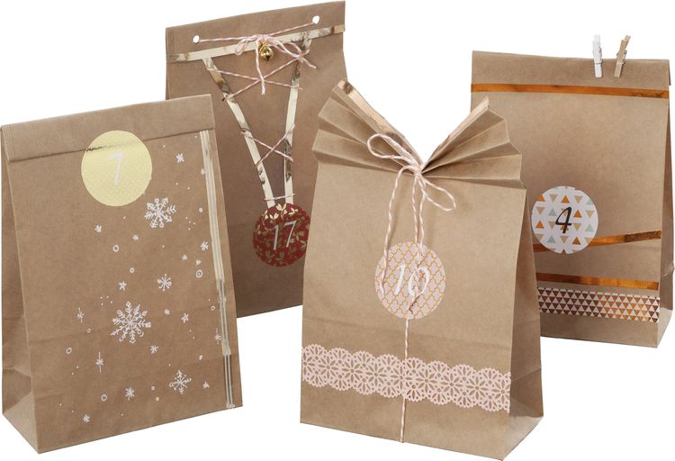 Produktbild: Folia Adventskalender-Set PAPIERT&Uuml;TEN NATUR, aus 24 lebensmittelechten T&uuml;ten, Kordel & Sticker