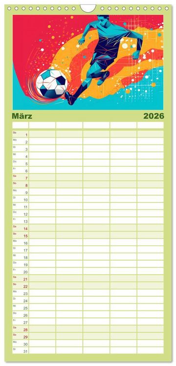 Produktbild: Familienplaner 2026 - Magie des Fussballs - Illustrierte Emotionen auf dem Rasen mit 5 Spalten (Wandkalender, 21 x 45 cm) CALVENDO