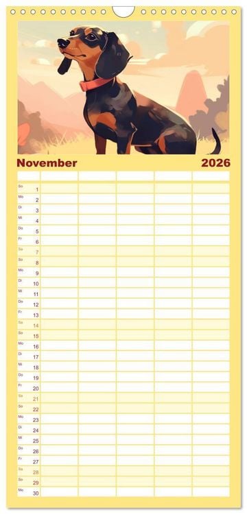 Produktbild: Familienplaner 2026 - Dackel mit 5 Spalten (Wandkalender, 21 x 45 cm) CALVENDO