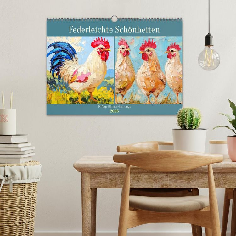 Produktbild: Federleichte Sch&ouml;nheiten. Duftige H&uuml;hner-Paintings (Wandkalender 2026 DIN A3 quer), CALVENDO Monatskalender