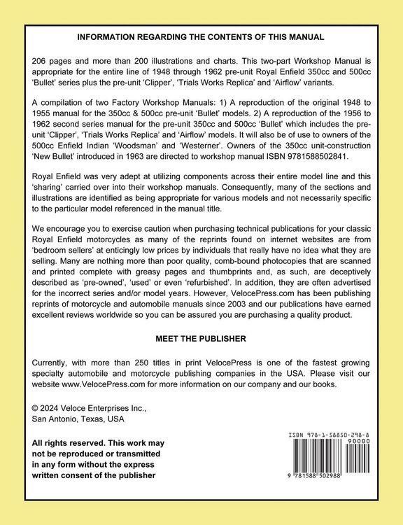 Produktbild: Royal Enfield 1948-1962 Bullet 350cc & 500cc Pre-Unit Workshop Manual Including Clipper -Trials & Airflow Variants (uk Redditch)